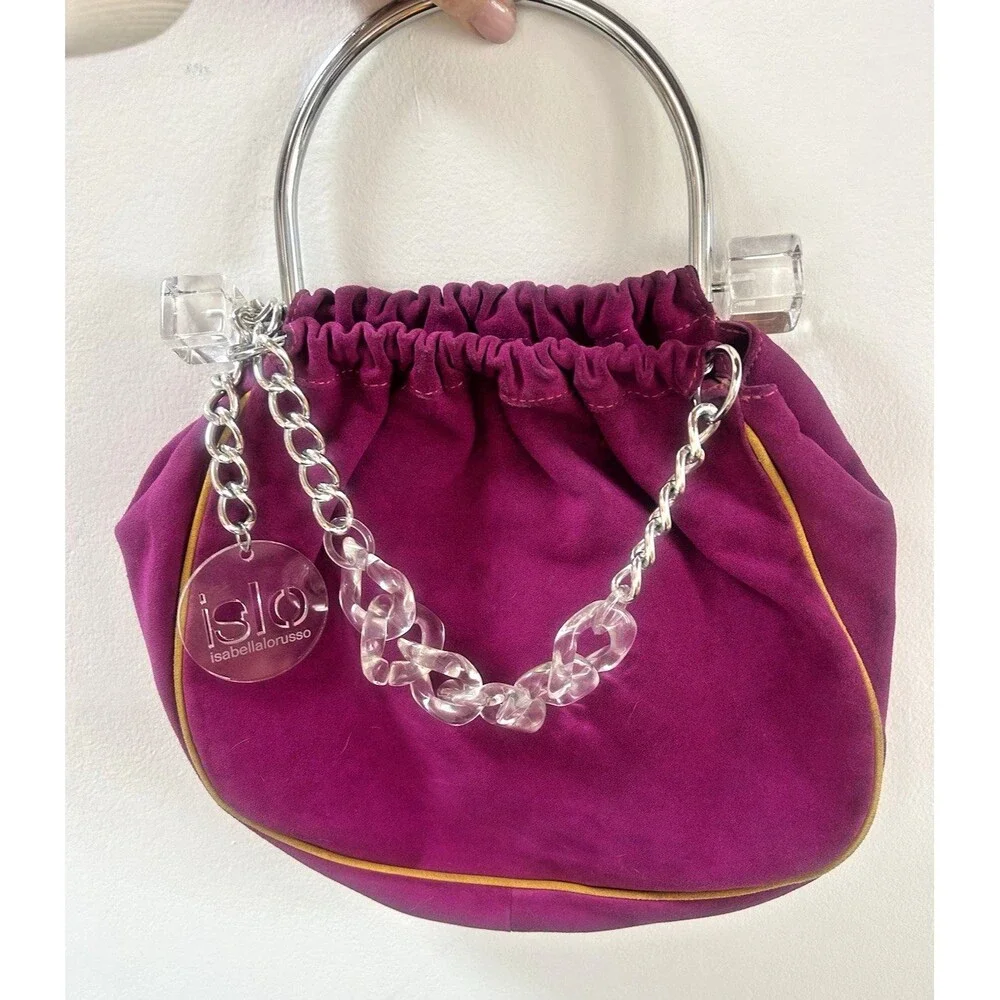 Isabella Lorusso Pink Suede Bag w/yellow Piping Transparent Chain & Cube Accents